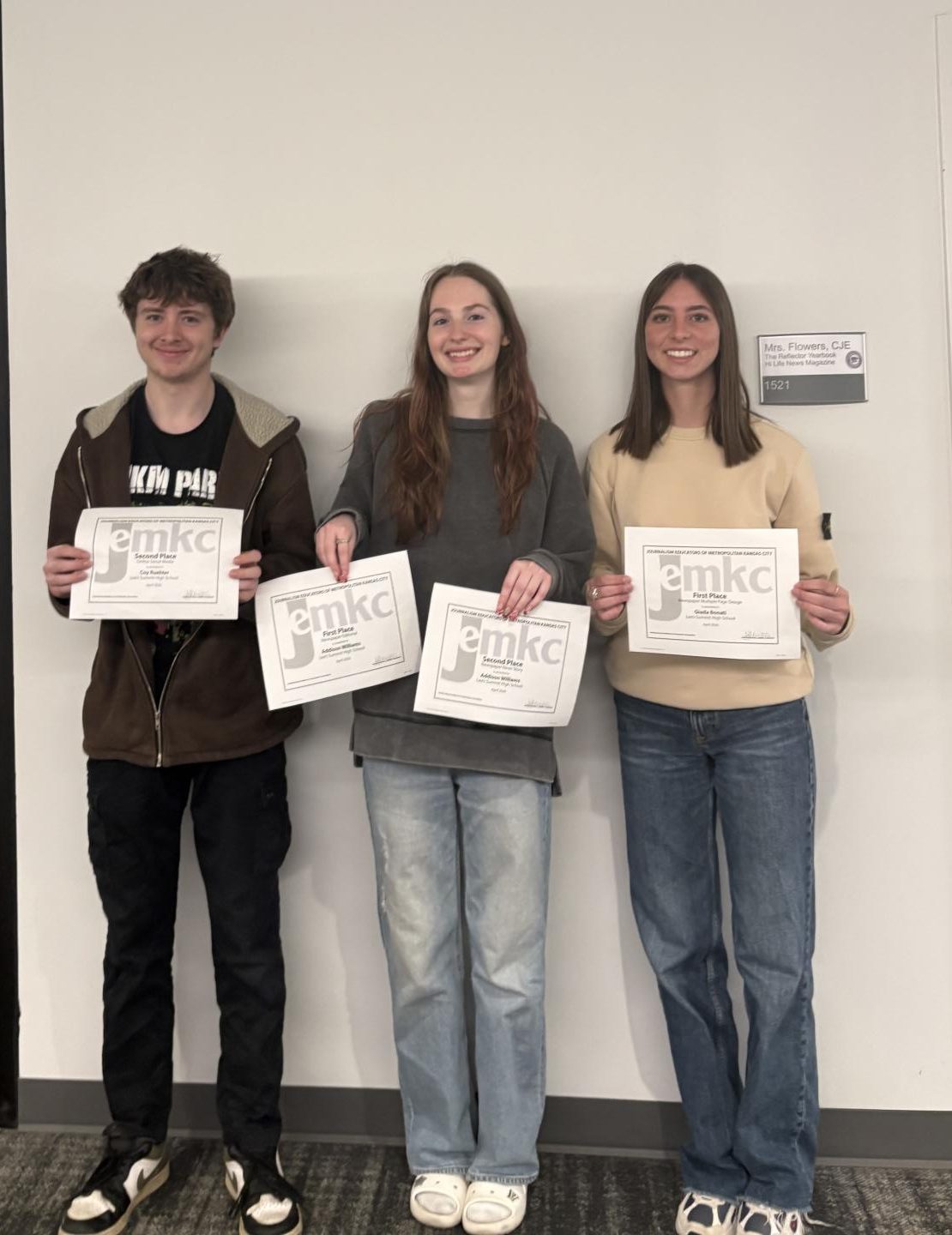 Coy Reuhter, Addison Williams, and Giada Bonati won awards from the 2026 JEMKC contest. Photo by Meredith Boehm.